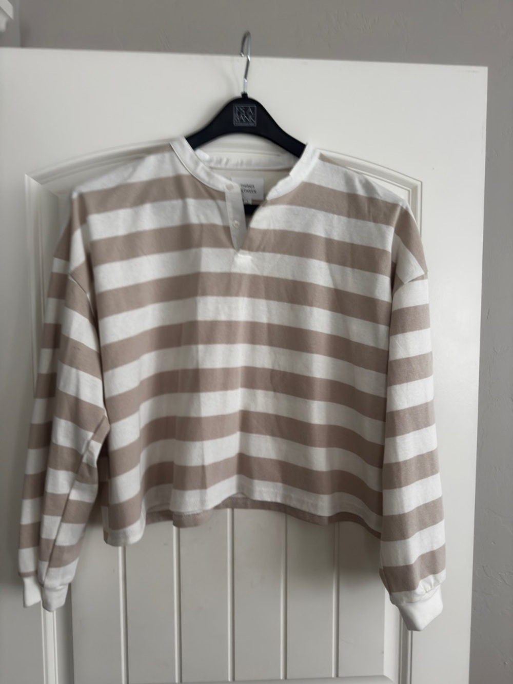 Striped Long Sleeve Henley Top - Cream & Taupe